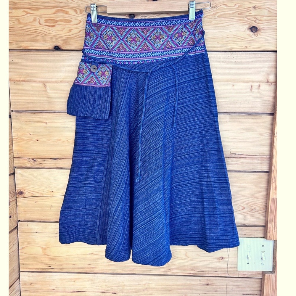 Thai Artisan Indigo Blue Cotton Embroidered Boho Midi‎ Skirt with Side Pocket